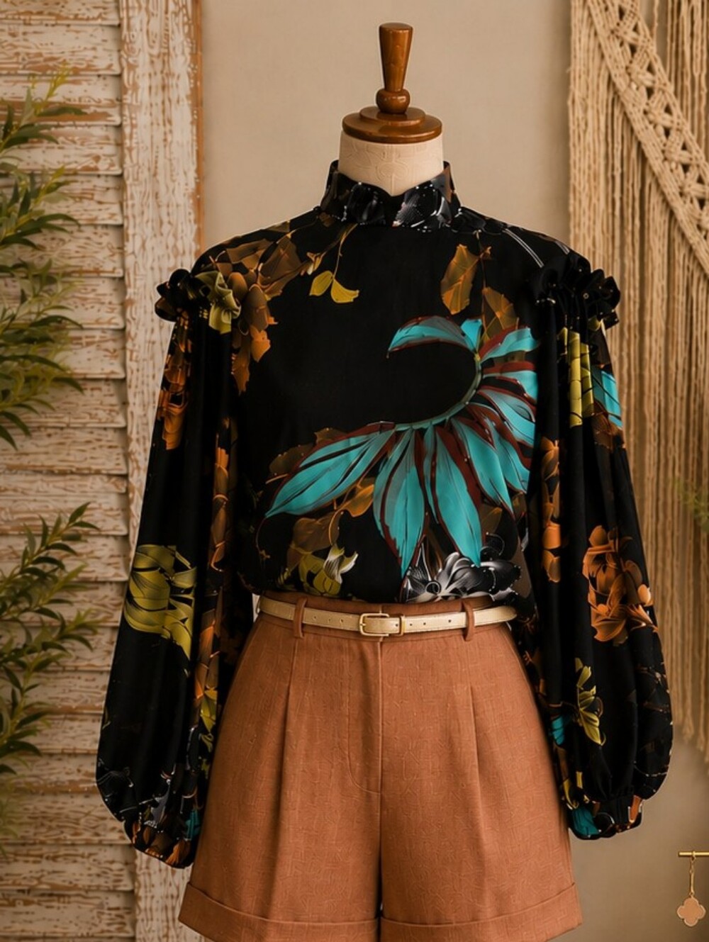 High-Neck Floral Blouse in Black and Teal Babylon Collection ITALIA SIZE 40/12US